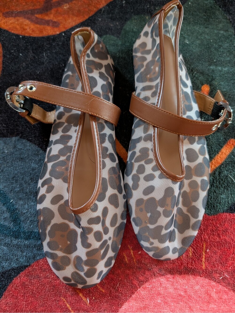 Brown and Beige Leopard Print Mary Jane Flats with Buckle Strap Size 6